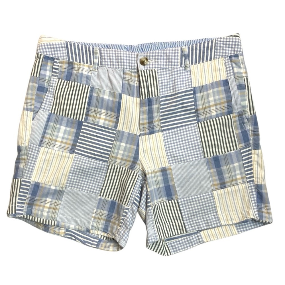 L.L. Bean Patchwork Plaid Cotton Shorts in Blue, Cream, Tan
